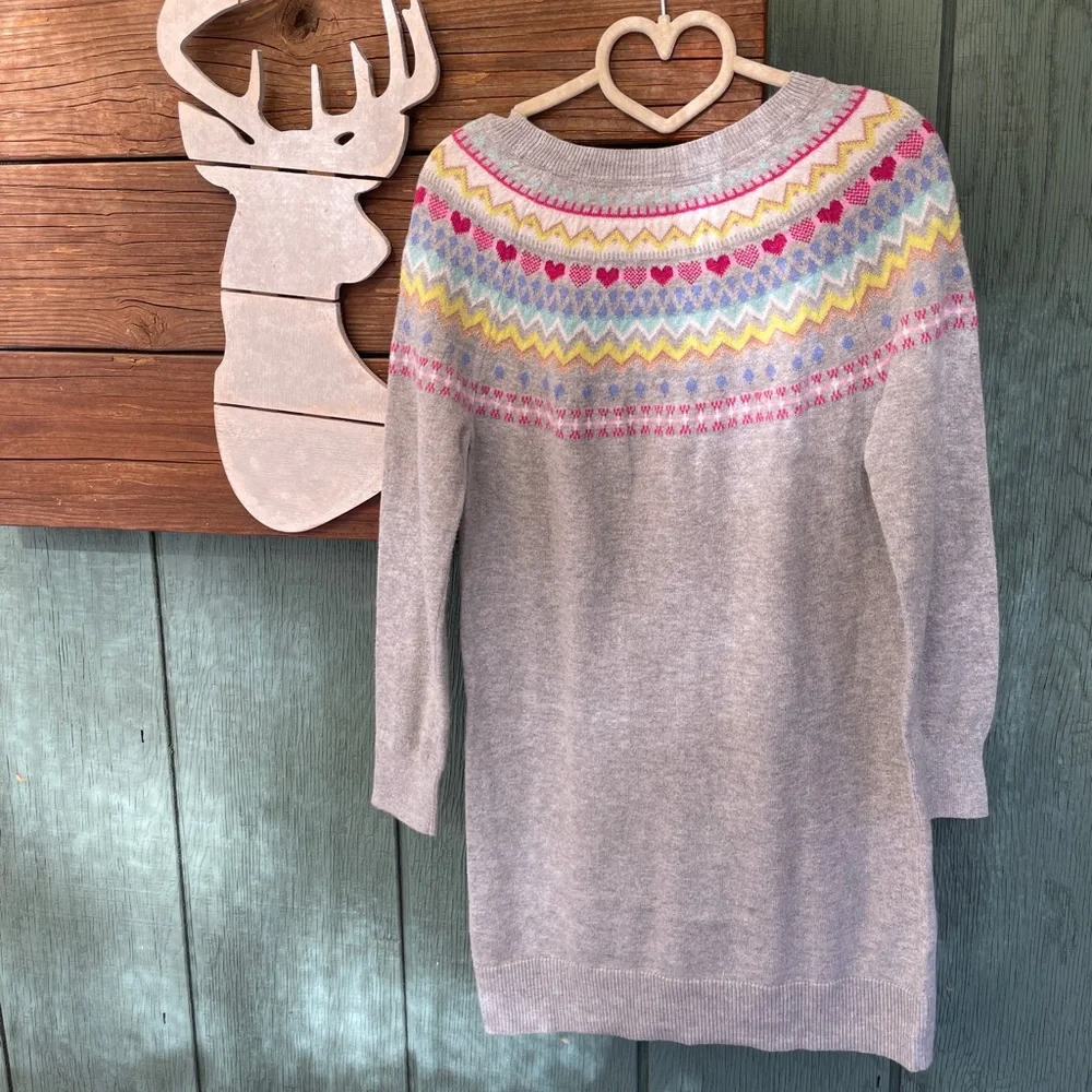 GAP Sweater Dress Heather Grey Holiday Hearts - Size Small (6/7)